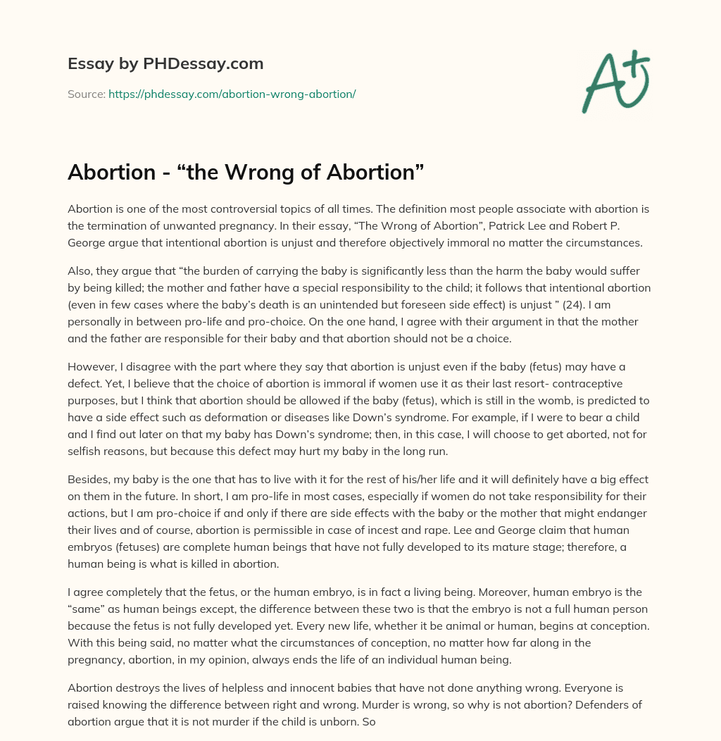 Abortion – “the Wrong of Abortion” essay
