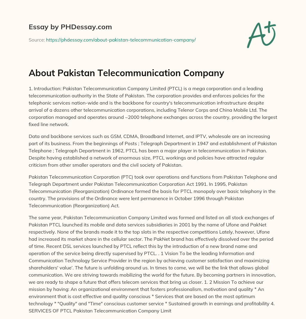 About Pakistan Telecommunication Company essay