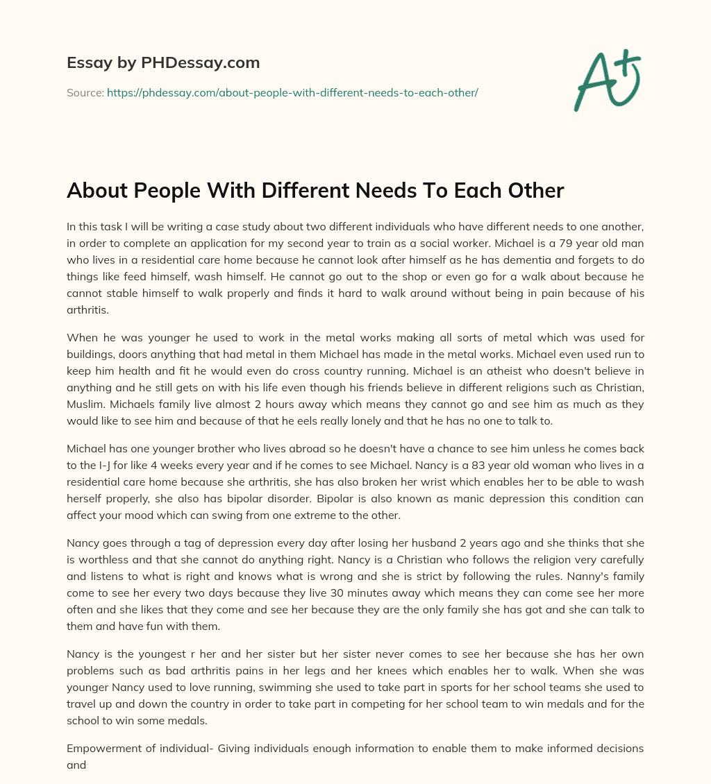 About People With Different Needs To Each Other essay