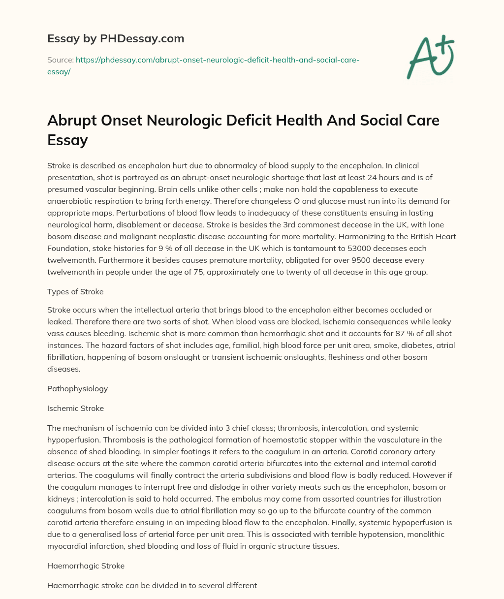 Abrupt Onset Neurologic Deficit Health And Social Care Essay essay