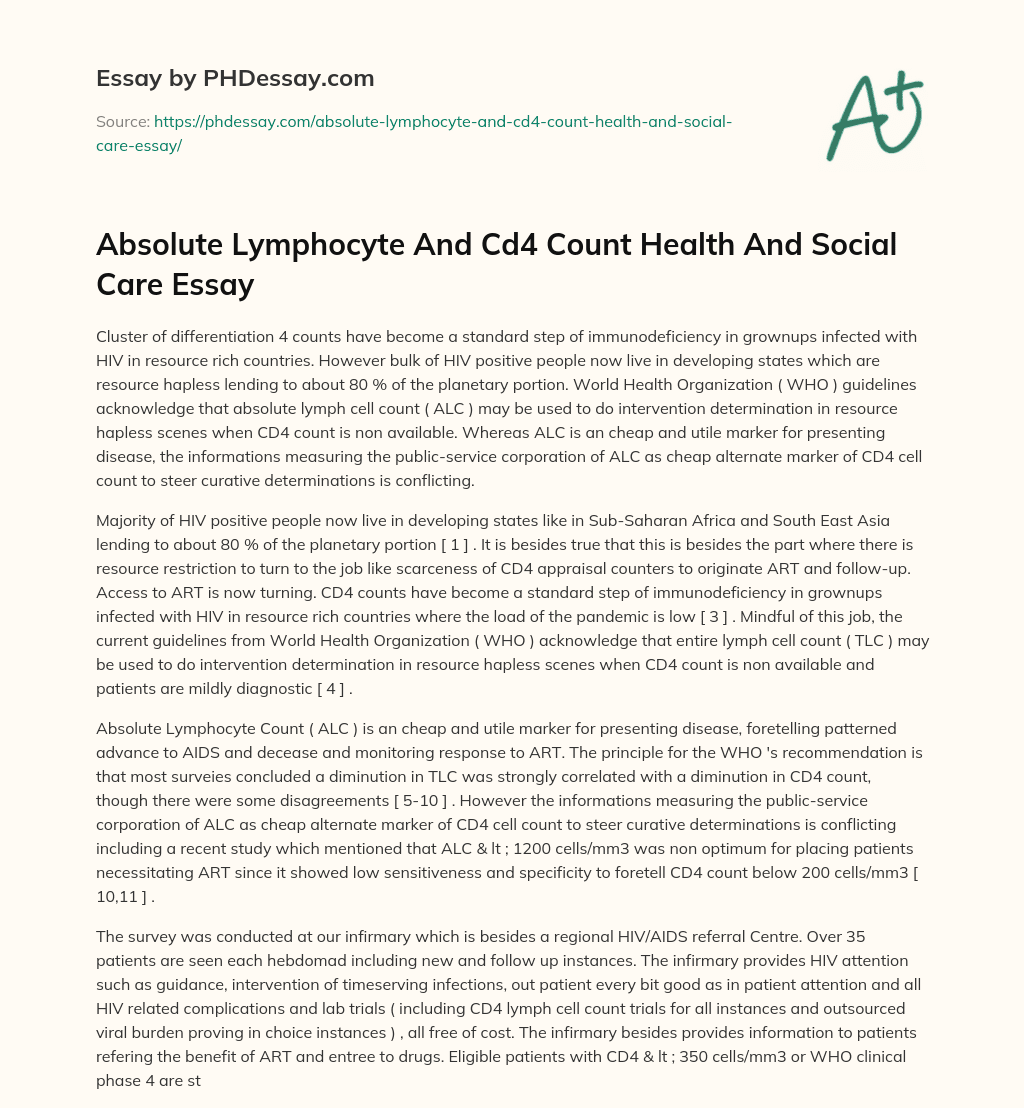 Absolute Lymphocyte And Cd4 Count Health And Social Care Essay essay