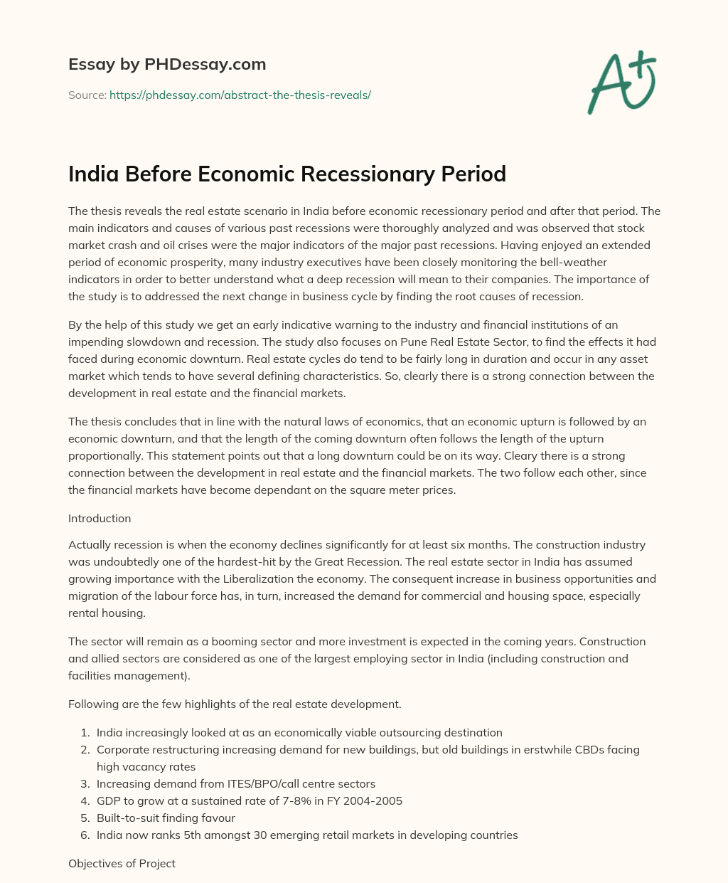India Before Economic Recessionary Period essay