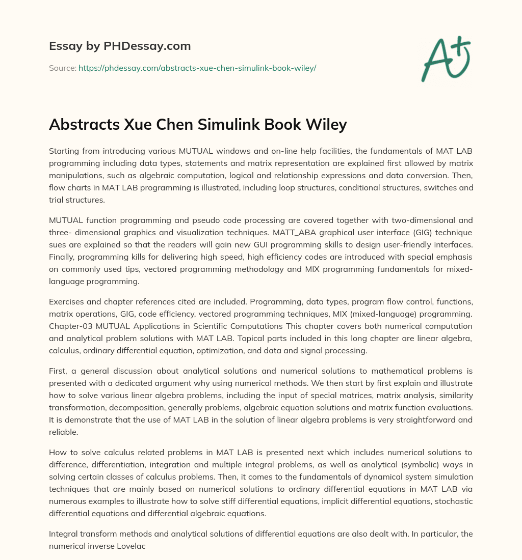 Abstracts Xue Chen Simulink Book Wiley essay