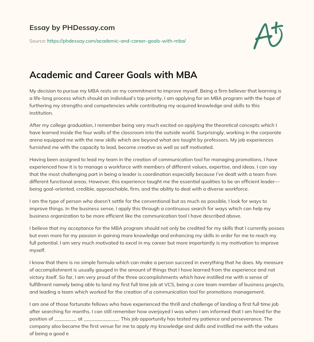 Academic and Career Goals with MBA