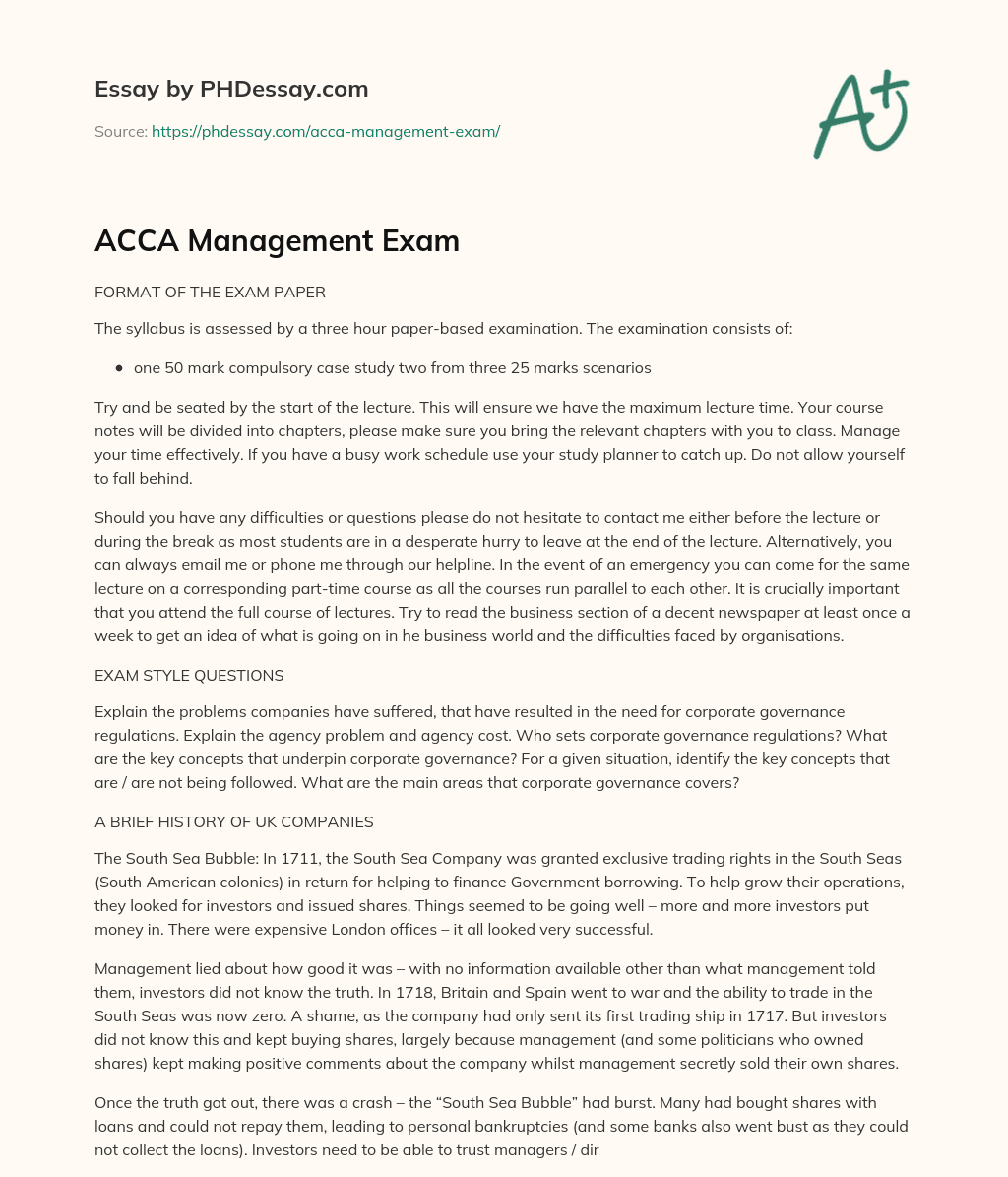 ACCA Management Exam essay