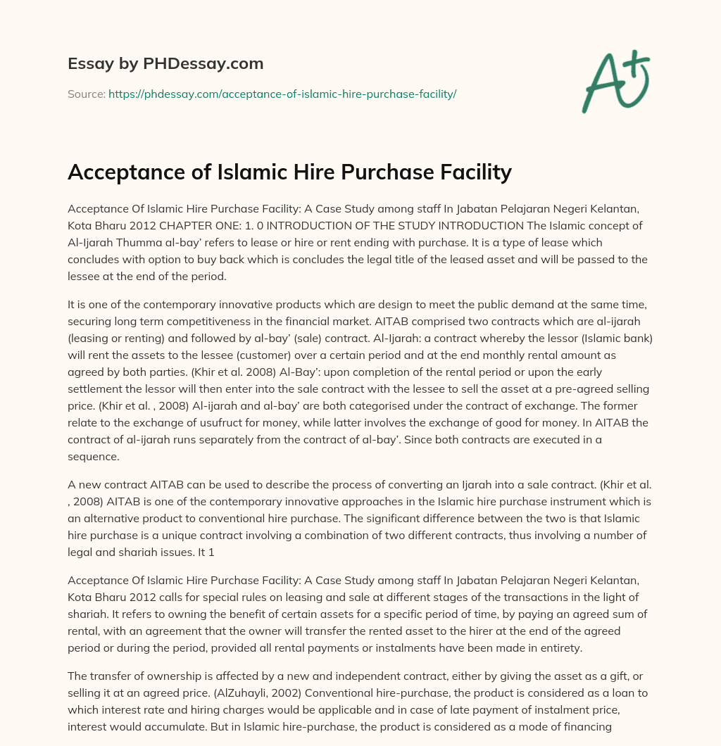Acceptance of Islamic Hire Purchase Facility essay