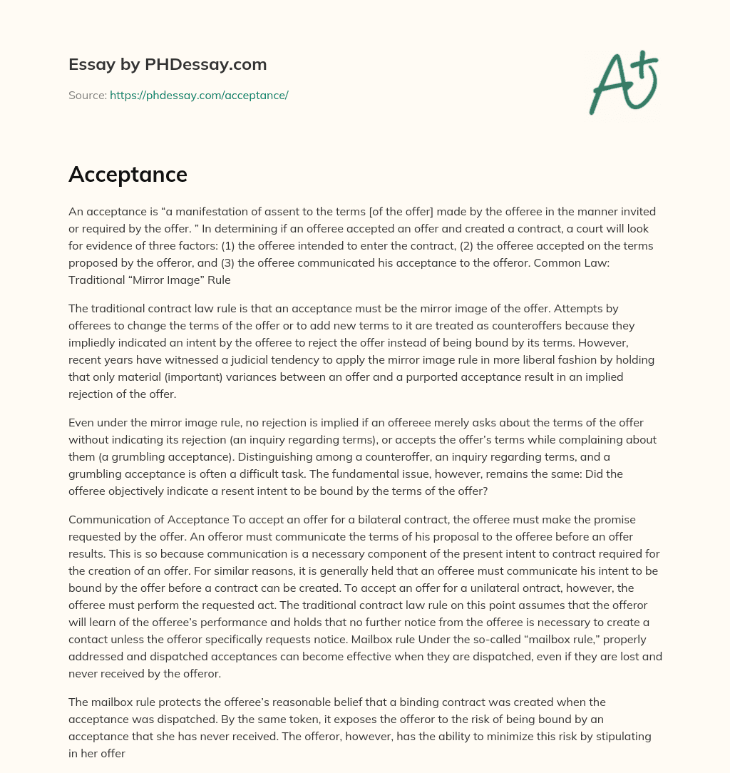 Acceptance and the Mirror Image Rule in Contract Law essay
