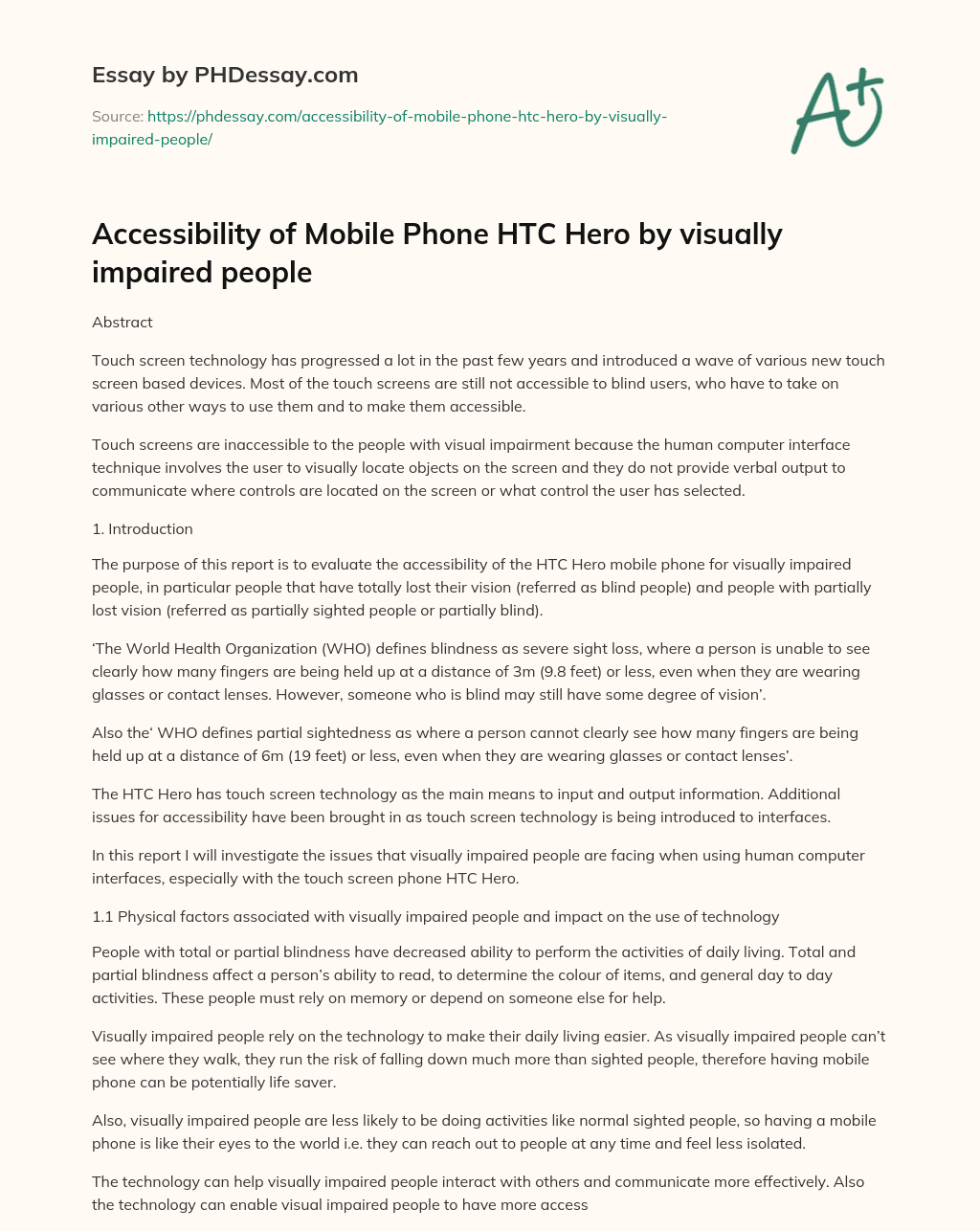 Accessibility of Mobile Phone HTC Hero by visually impaired people essay