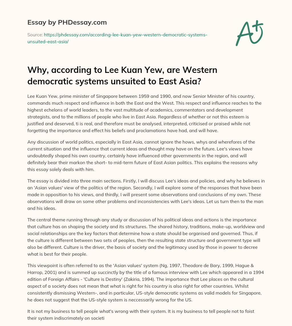 Why, according to Lee Kuan Yew, are Western democratic systems unsuited to East Asia? essay