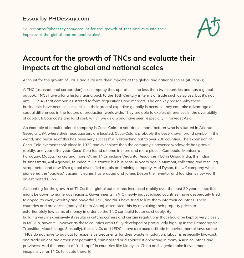 The Growth and Impact of TNCs on Global and National Scales essay