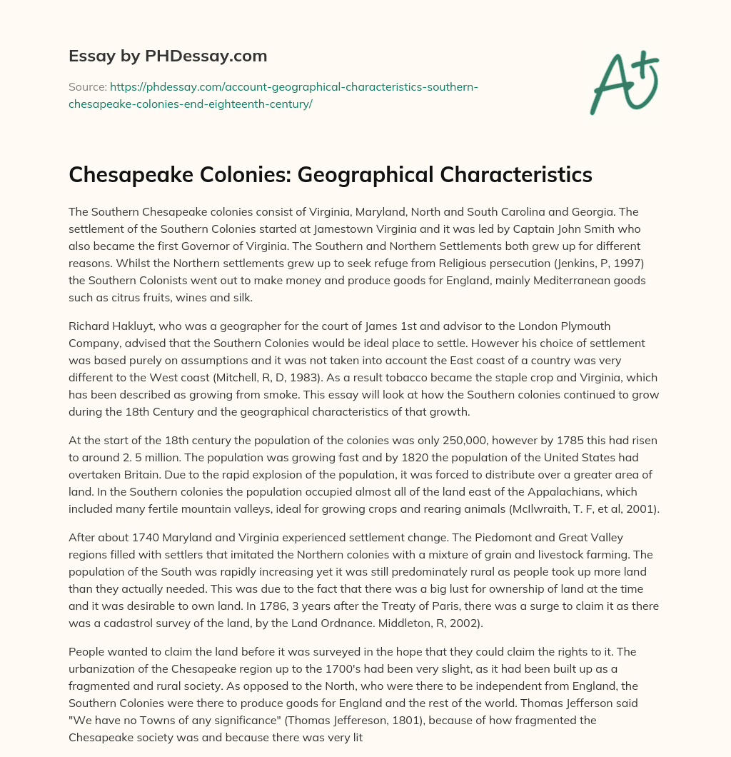 Chesapeake Colonies: Geographical Characteristics essay
