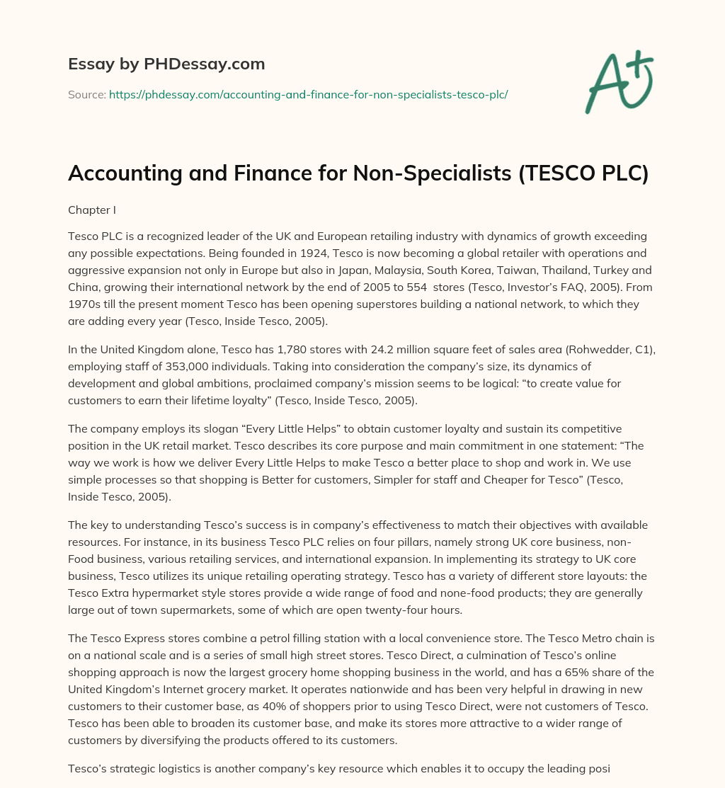 Accounting and Finance for Non-Specialists (TESCO PLC) essay