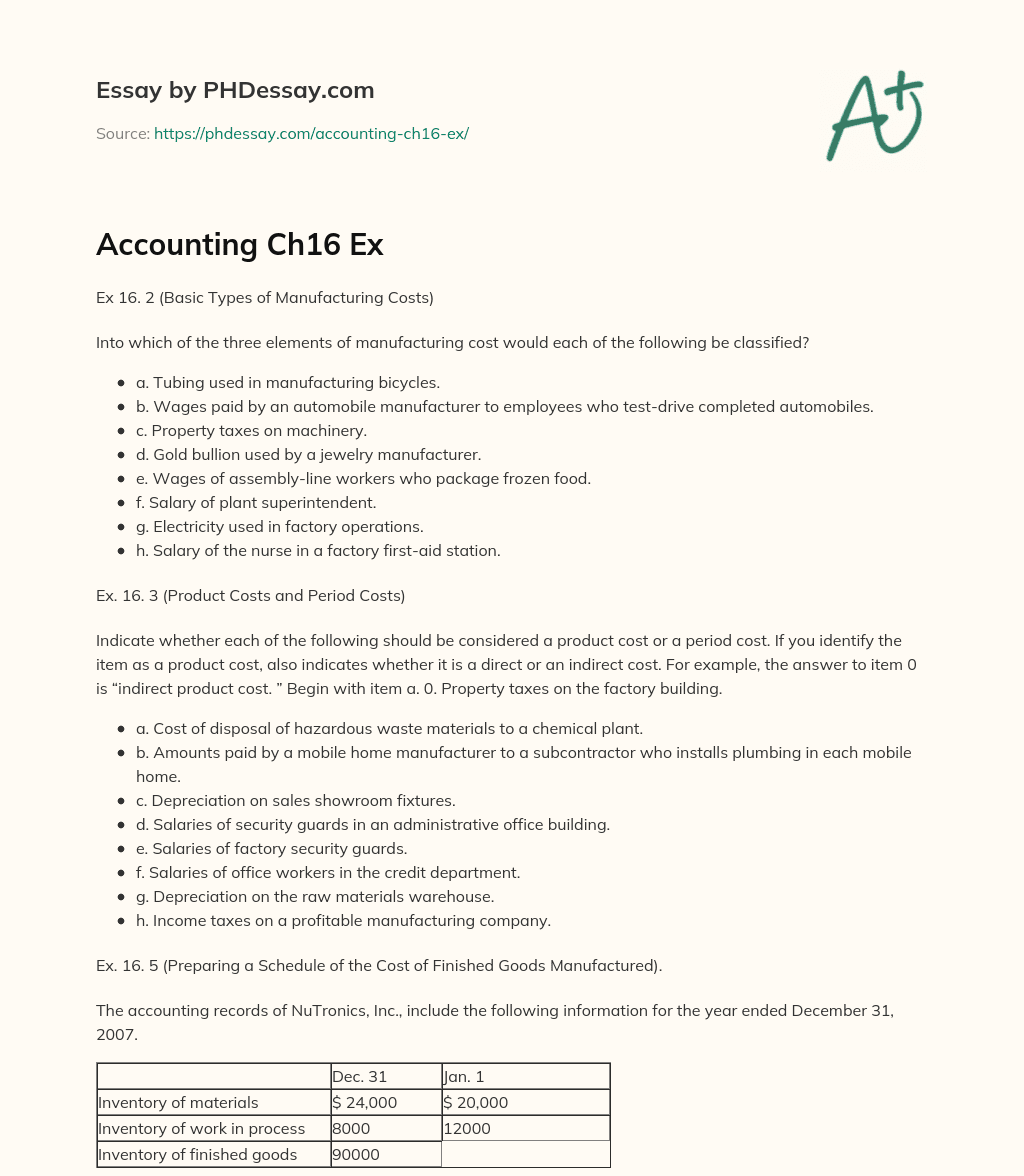 Classification of Manufacturing Costs and Period Costs in NuTronics and Mayville Company essay