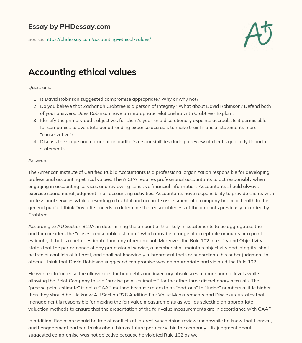 Accounting ethical values essay