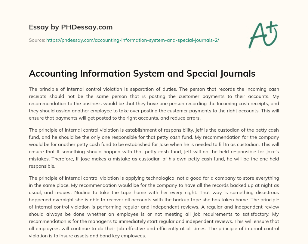 Accounting Information System and Special Journals (300 Words