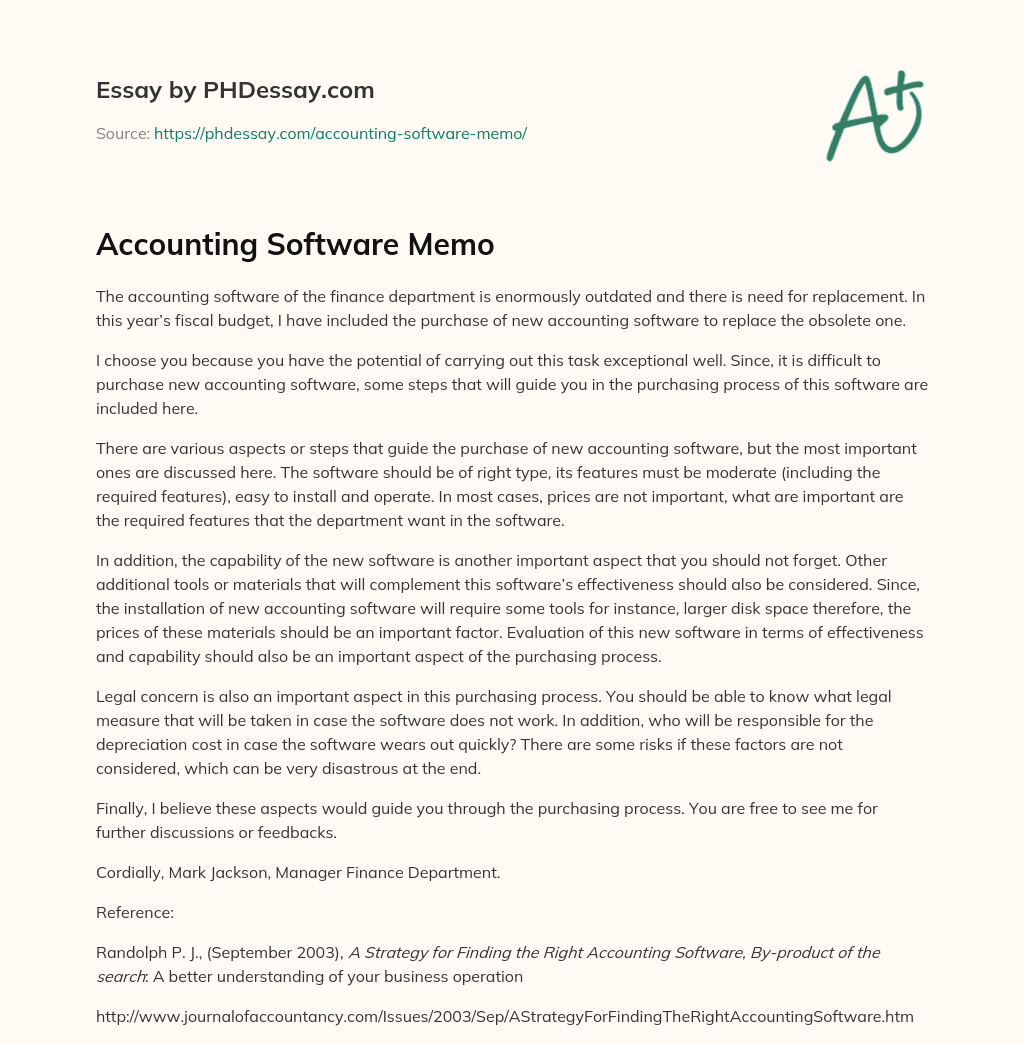 Accounting Software Memo essay