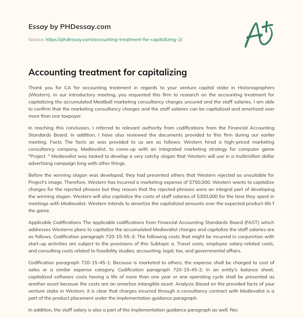 Accounting treatment for capitalizing essay
