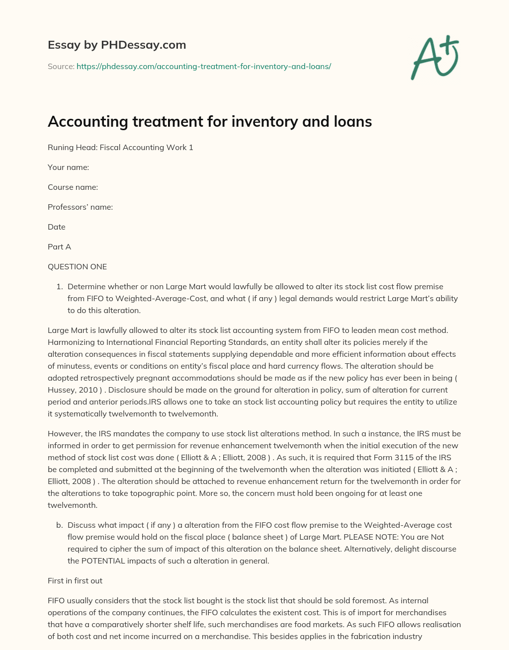 Accounting treatment for inventory and loans essay