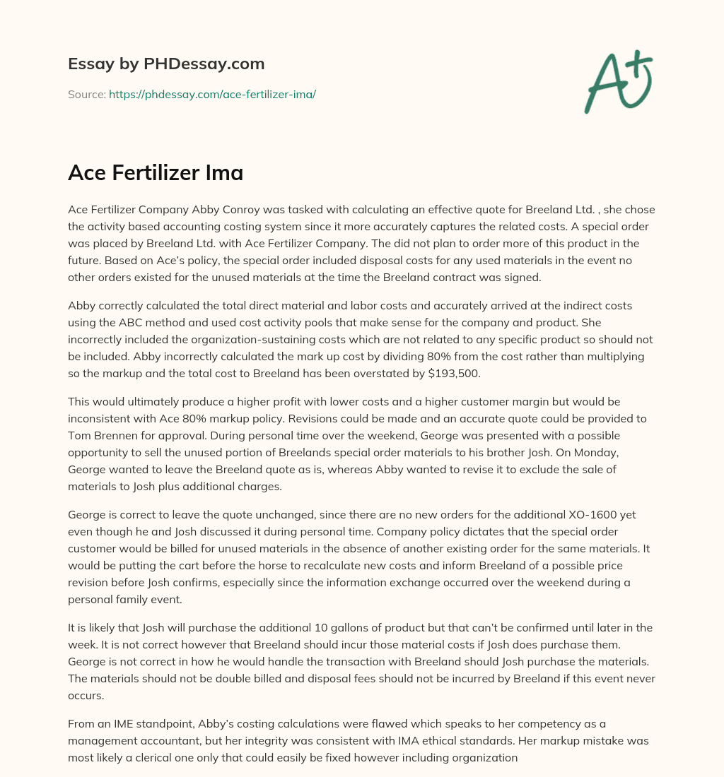Ace Fertilizer Ima essay