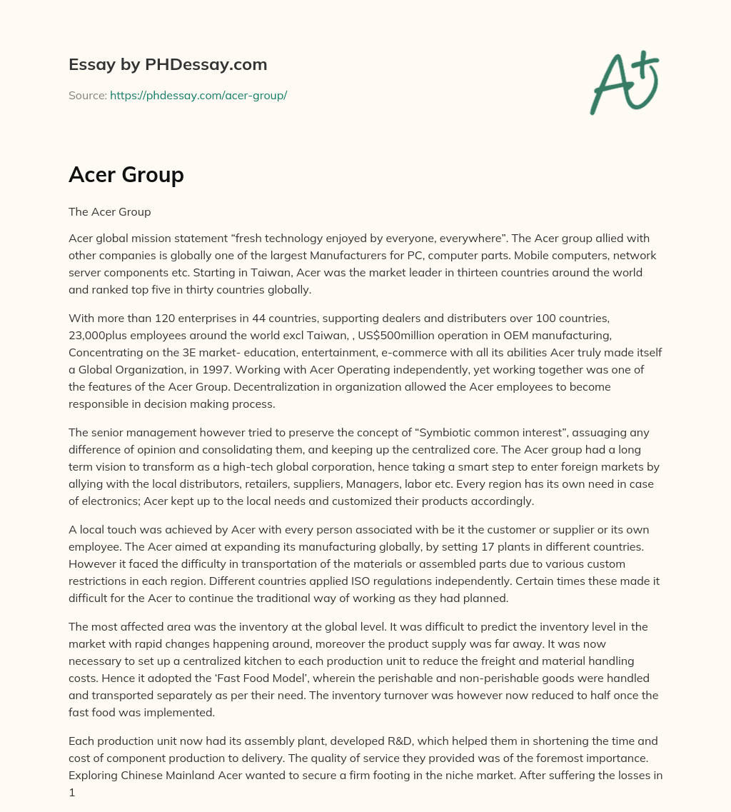 Global Technology Manufacturer: Acer’s Mission and Vision essay