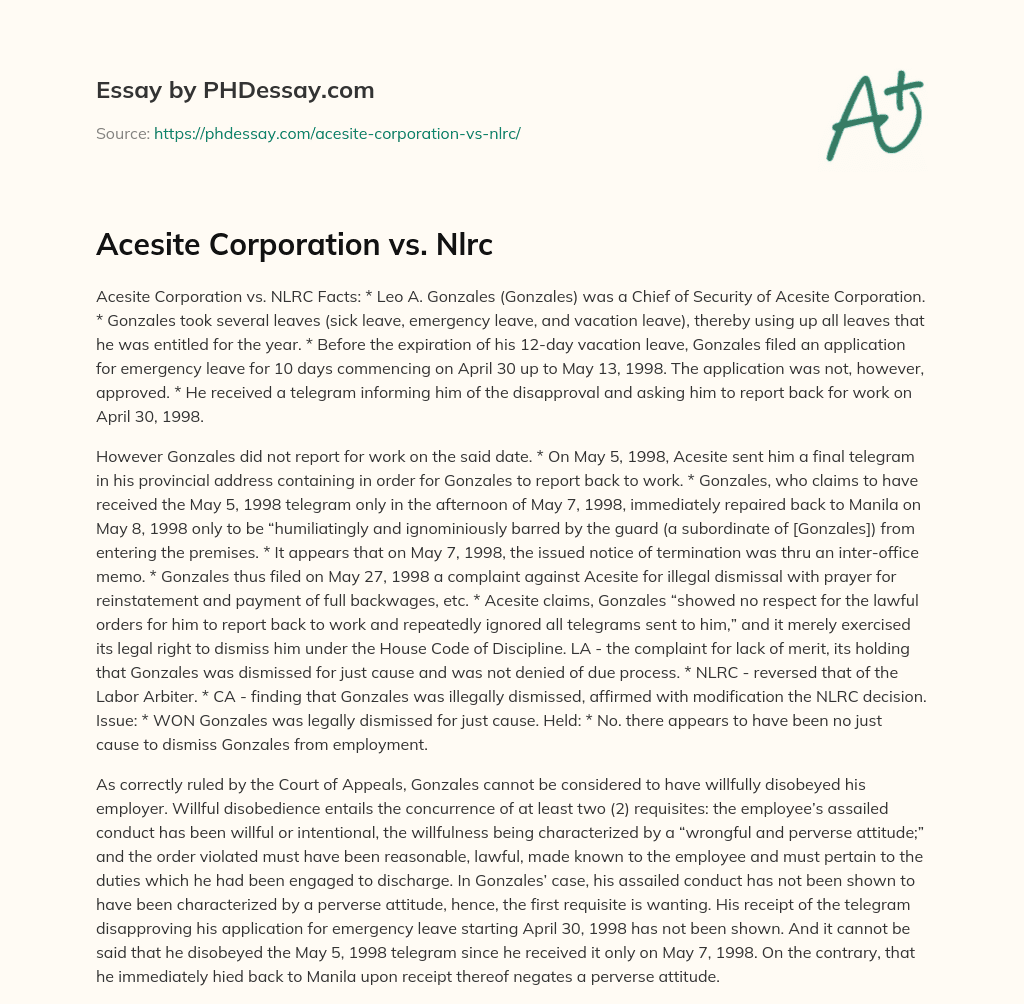Acesite Corporation vs. Nlrc essay