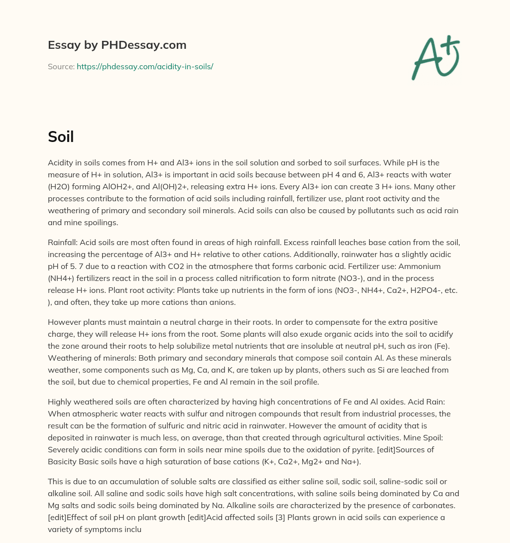 Causes of Acidity in Soils: H+ and Al3+ Ions, Rainfall, Fertilizer Use, Plant Root Activity, and Pollutants essay