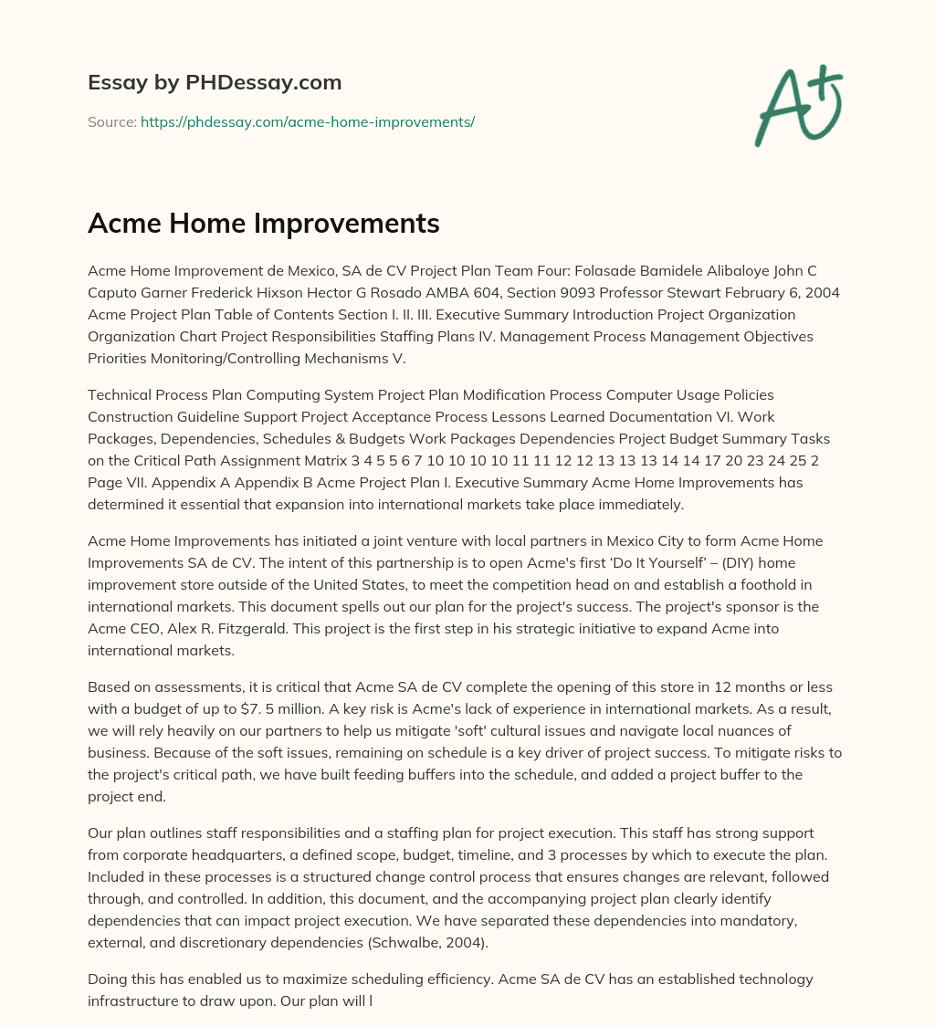 Acme Home Improvements essay