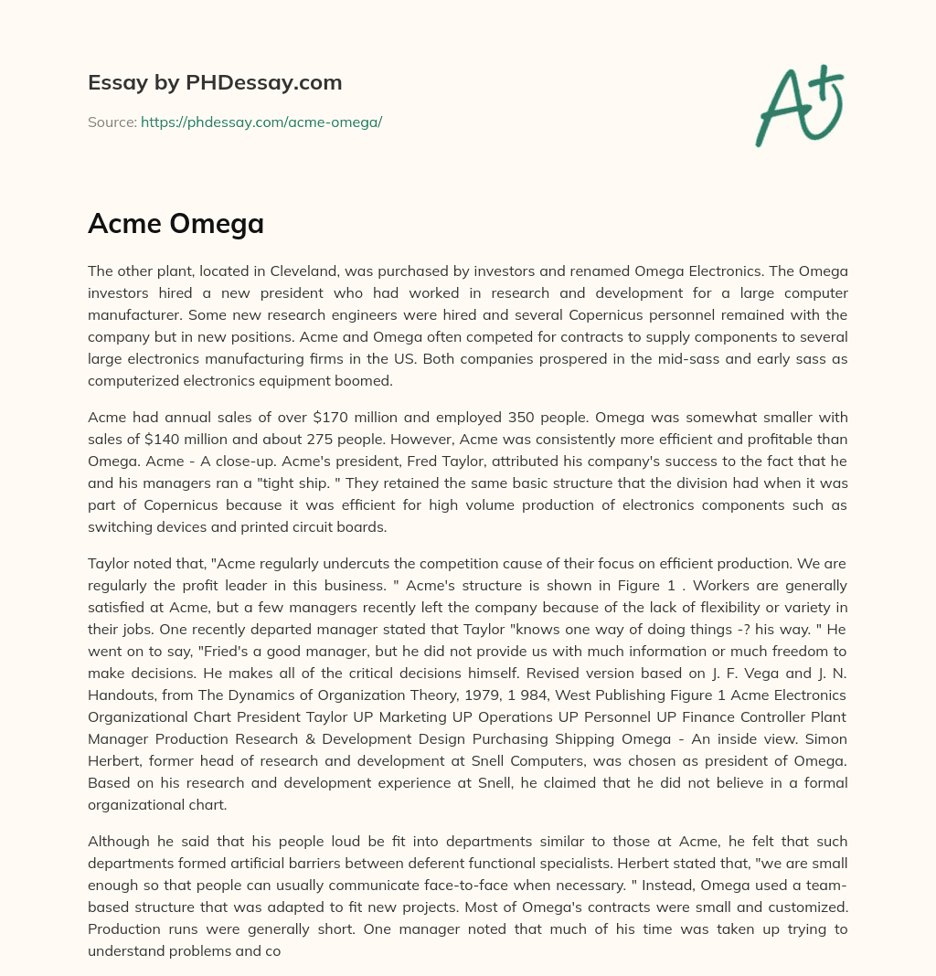 Comparison of Acme and Omega Electronics in the Electronics Manufacturing Industry essay