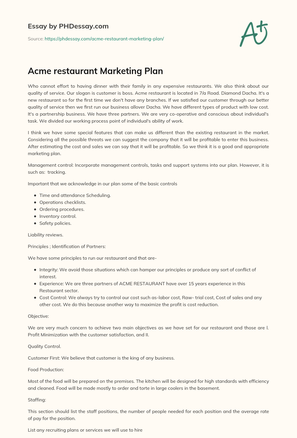 Acme restaurant Marketing Plan essay