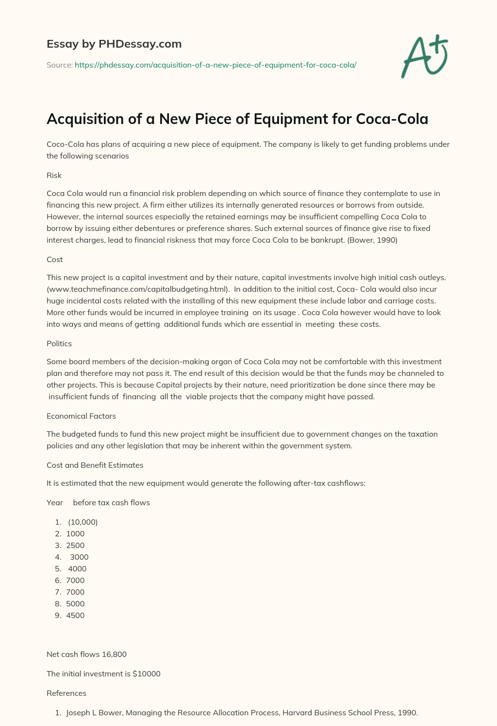 Acquisition of a New Piece of Equipment for Coca-Cola essay