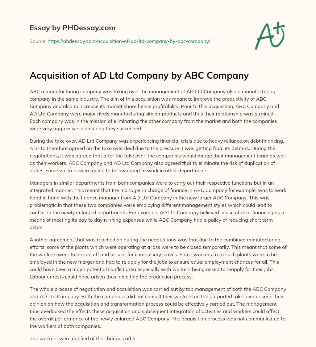 Acquisition of AD Ltd Company by ABC Company essay
