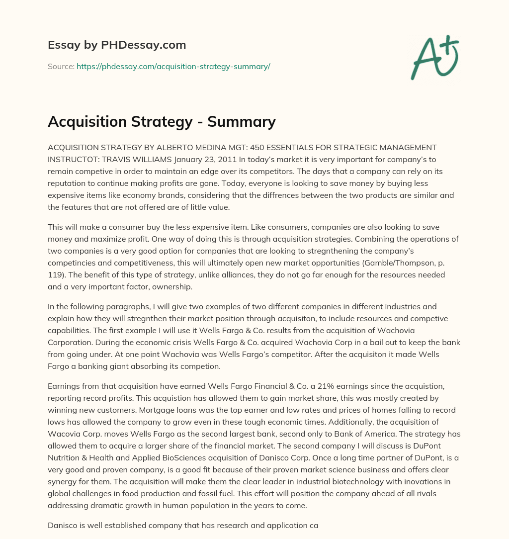 Acquisition Strategy – Summary essay