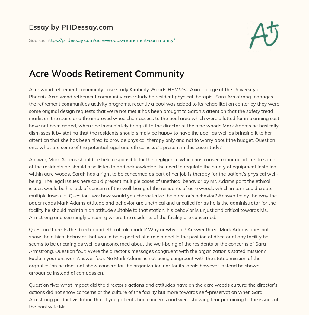 Acre Woods Retirement Community essay