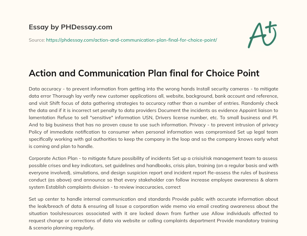 Action and Communication Plan final for Choice Point essay