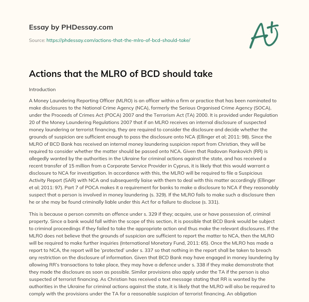 Actions that the MLRO of BCD should take essay