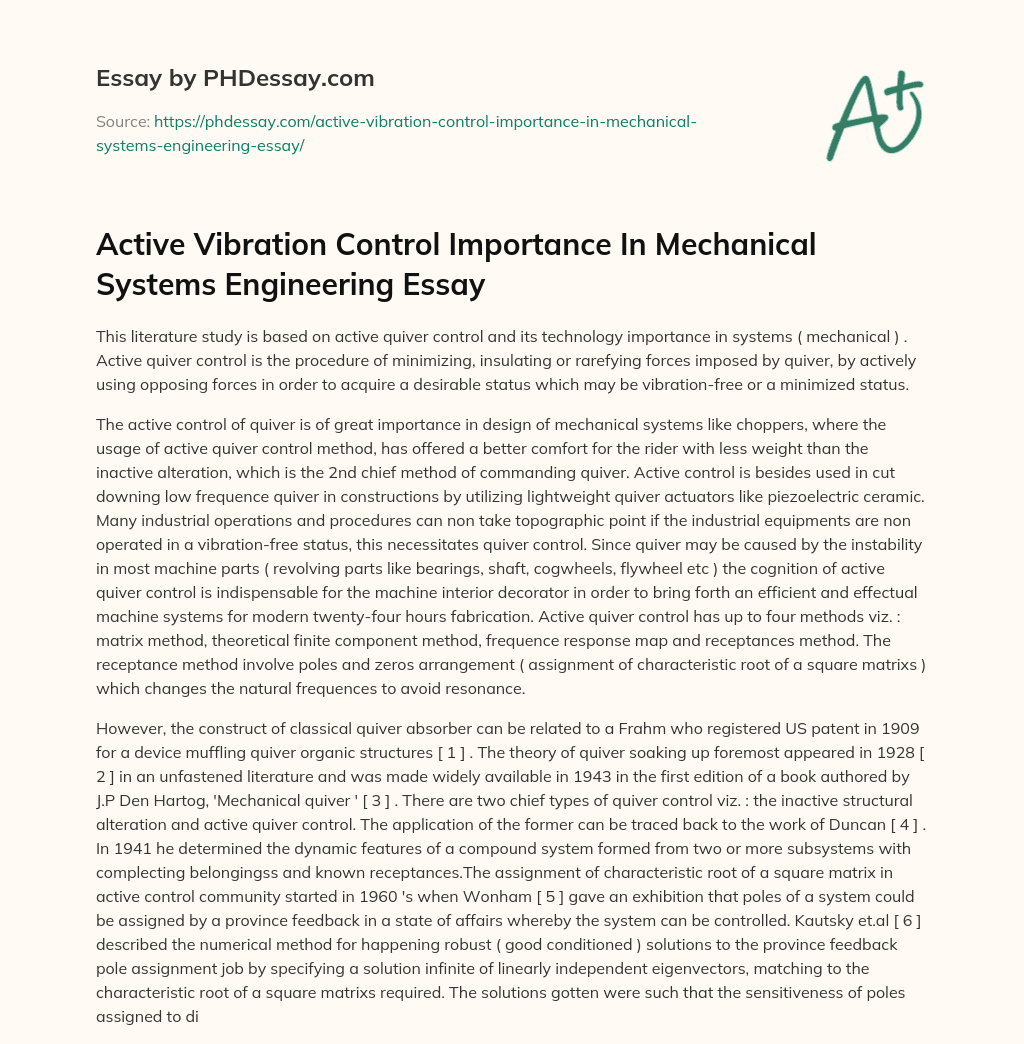 Active Vibration Control Importance In Mechanical Systems Engineering Essay essay