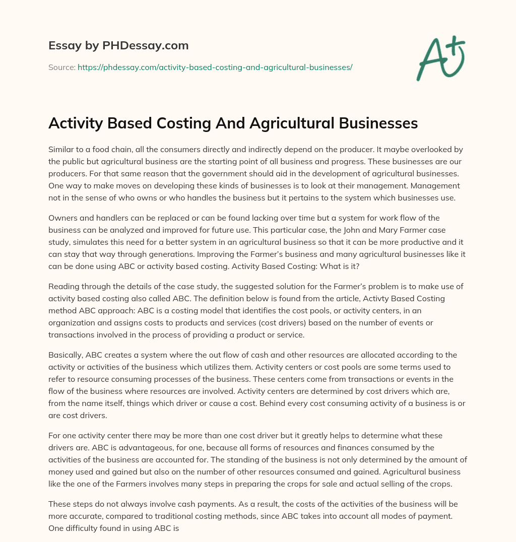 Activity Based Costing And Agricultural Businesses essay