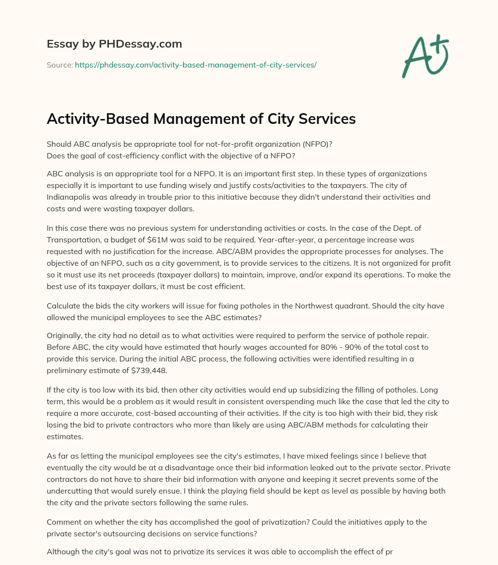 Activity-Based Management of City Services essay