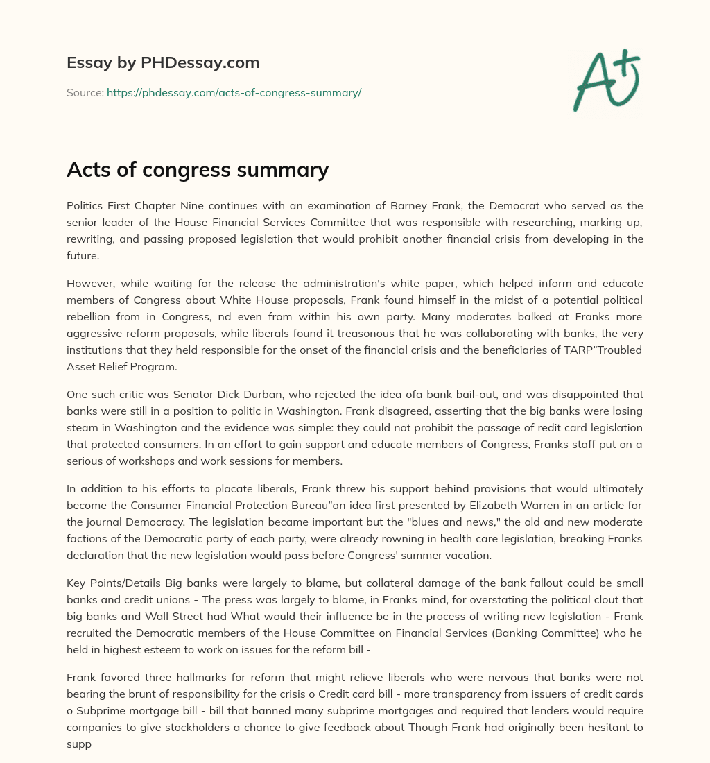 Acts of congress summary - PHDessay.com