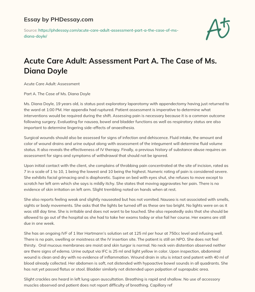 Acute Care Adult: Assessment Part A. The Case of Ms. Diana Doyle essay
