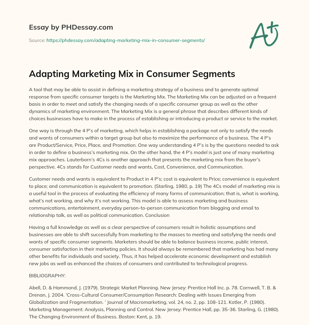 Adapting Marketing Mix in Consumer Segments essay