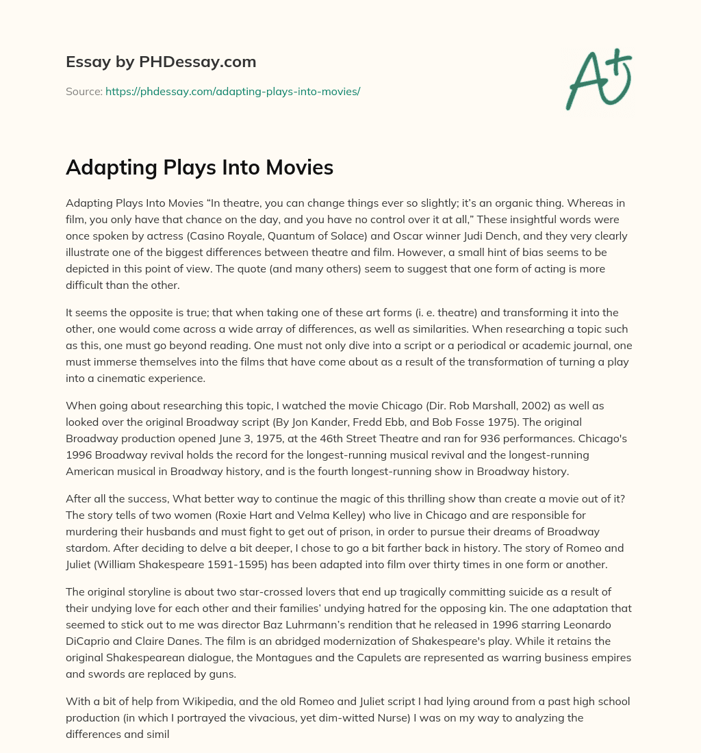 Adapting Plays Into Movies essay