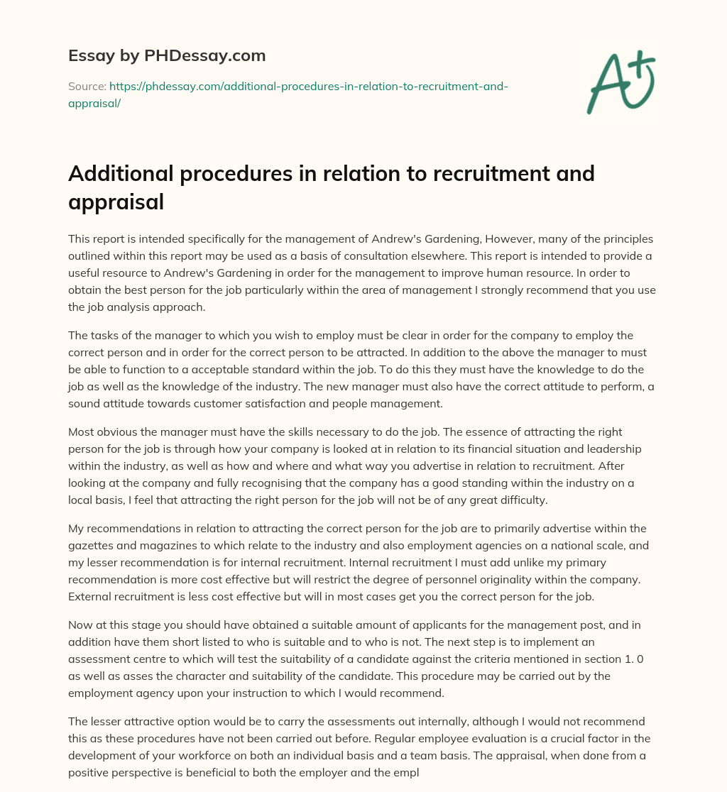 Additional procedures in relation to recruitment and appraisal essay