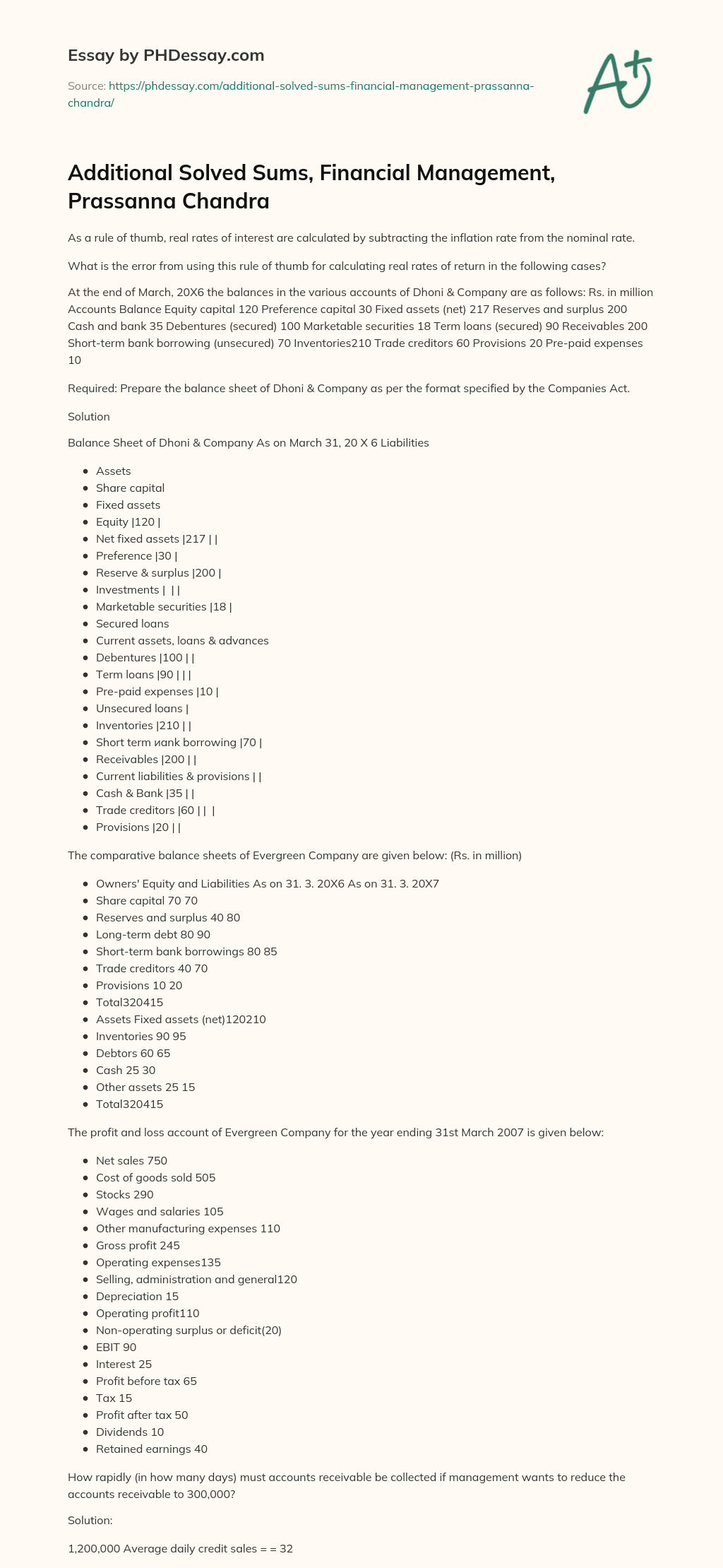 Additional Solved Sums, Financial Management, Prassanna Chandra essay