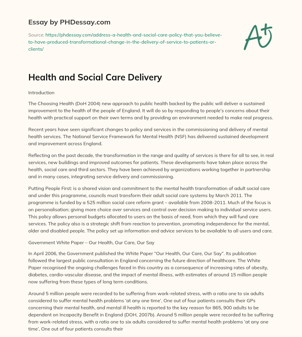 Health and Social Care Delivery essay