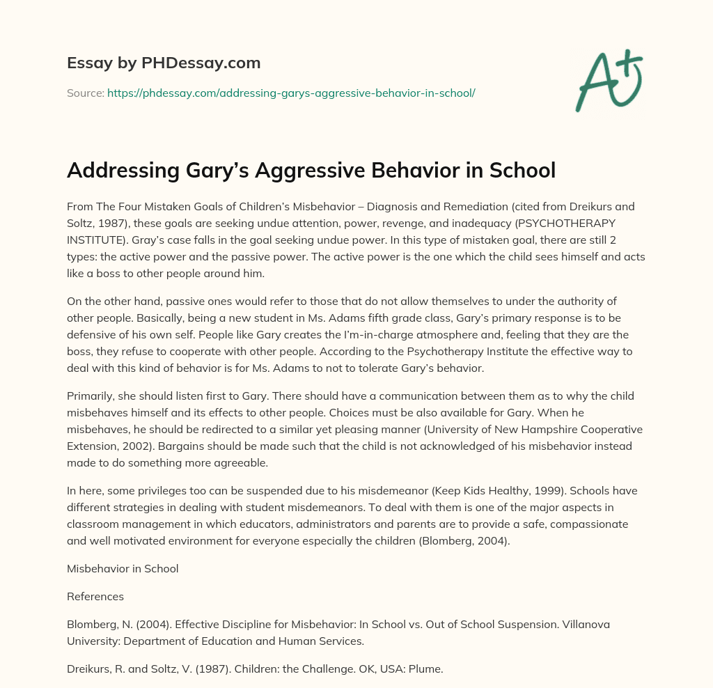 Addressing Gary’s Aggressive Behavior in School essay