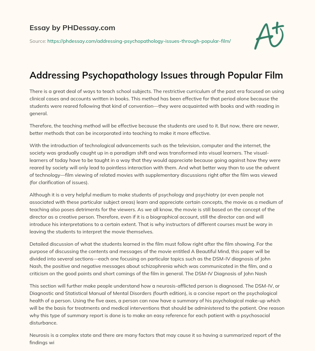 Addressing Psychopathology Issues through Popular Film essay