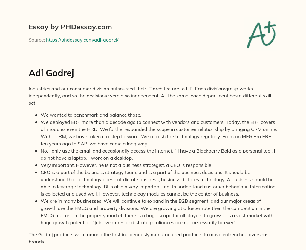 Godrej’s Outsourcing and Successful Indigenously Manufactured Products essay