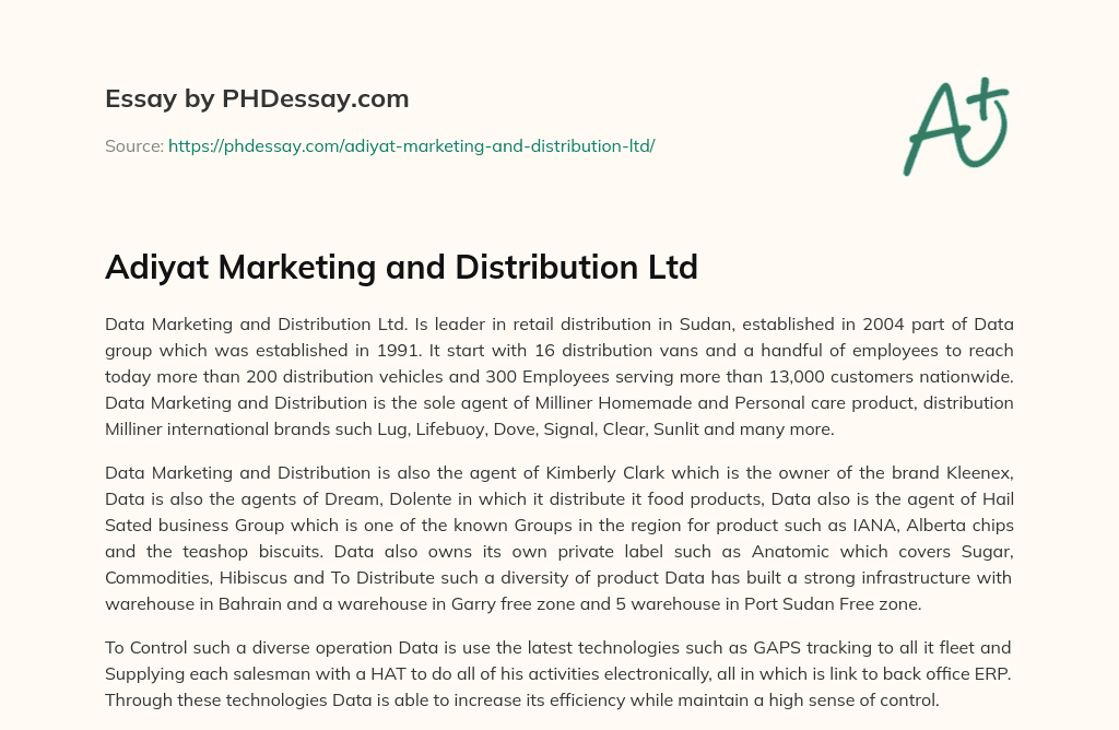 Adiyat Marketing and Distribution Ltd essay