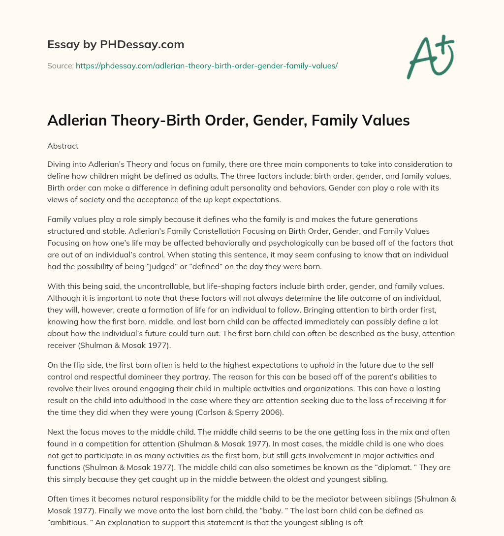 Adlerian Theory-Birth Order, Gender, Family Values essay